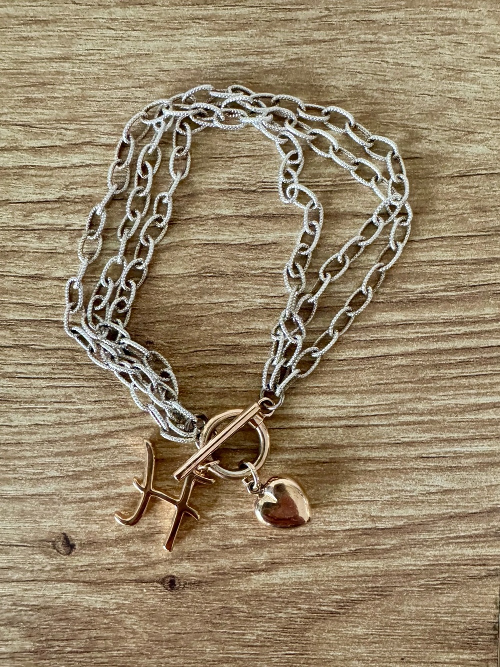 Vintage Sterling Silver Multi-Strand Bracelet with H (for Name) & Heart Charms